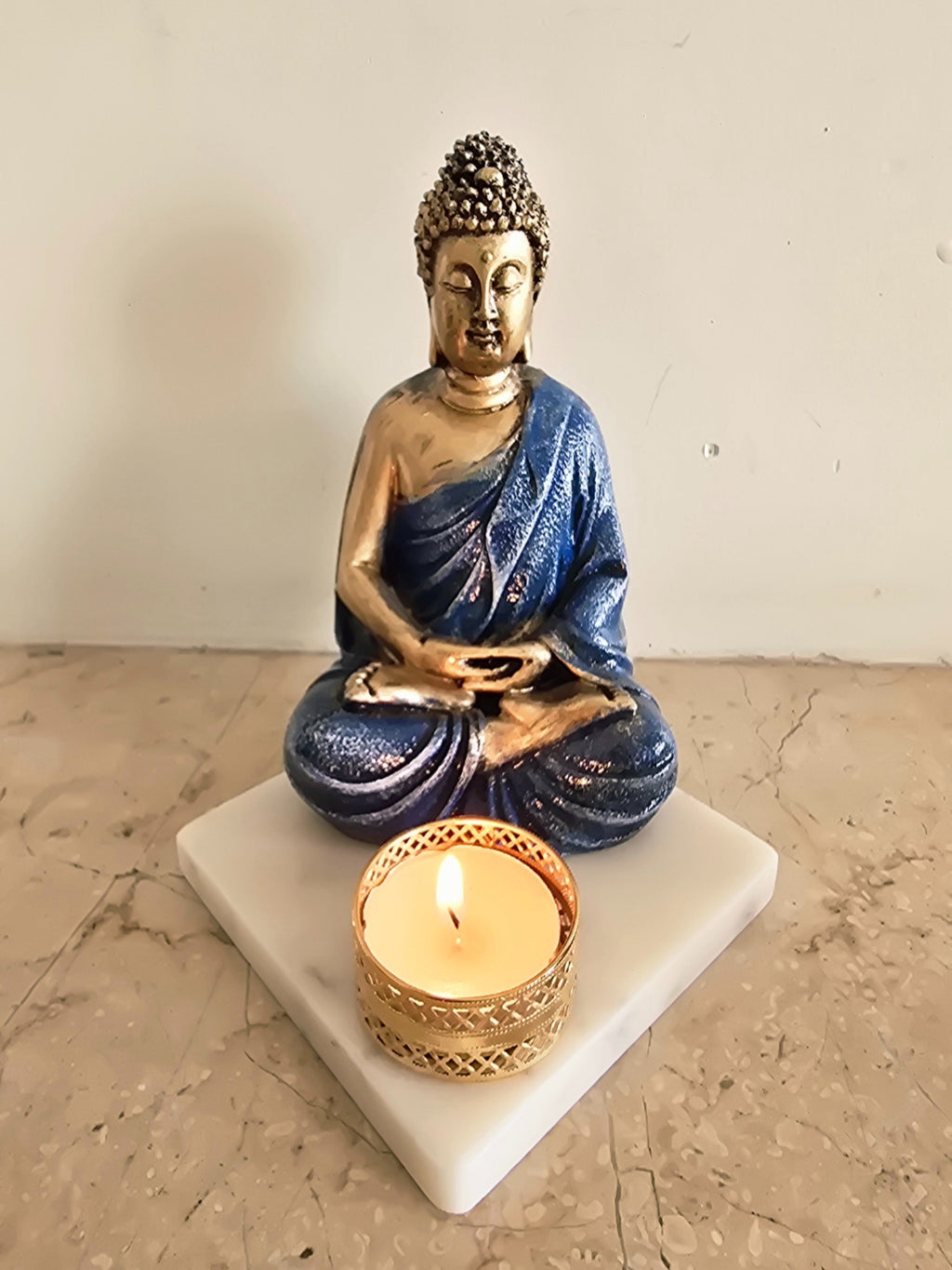 Blue Meditating Buddha Idol with Tealight Candle Holder