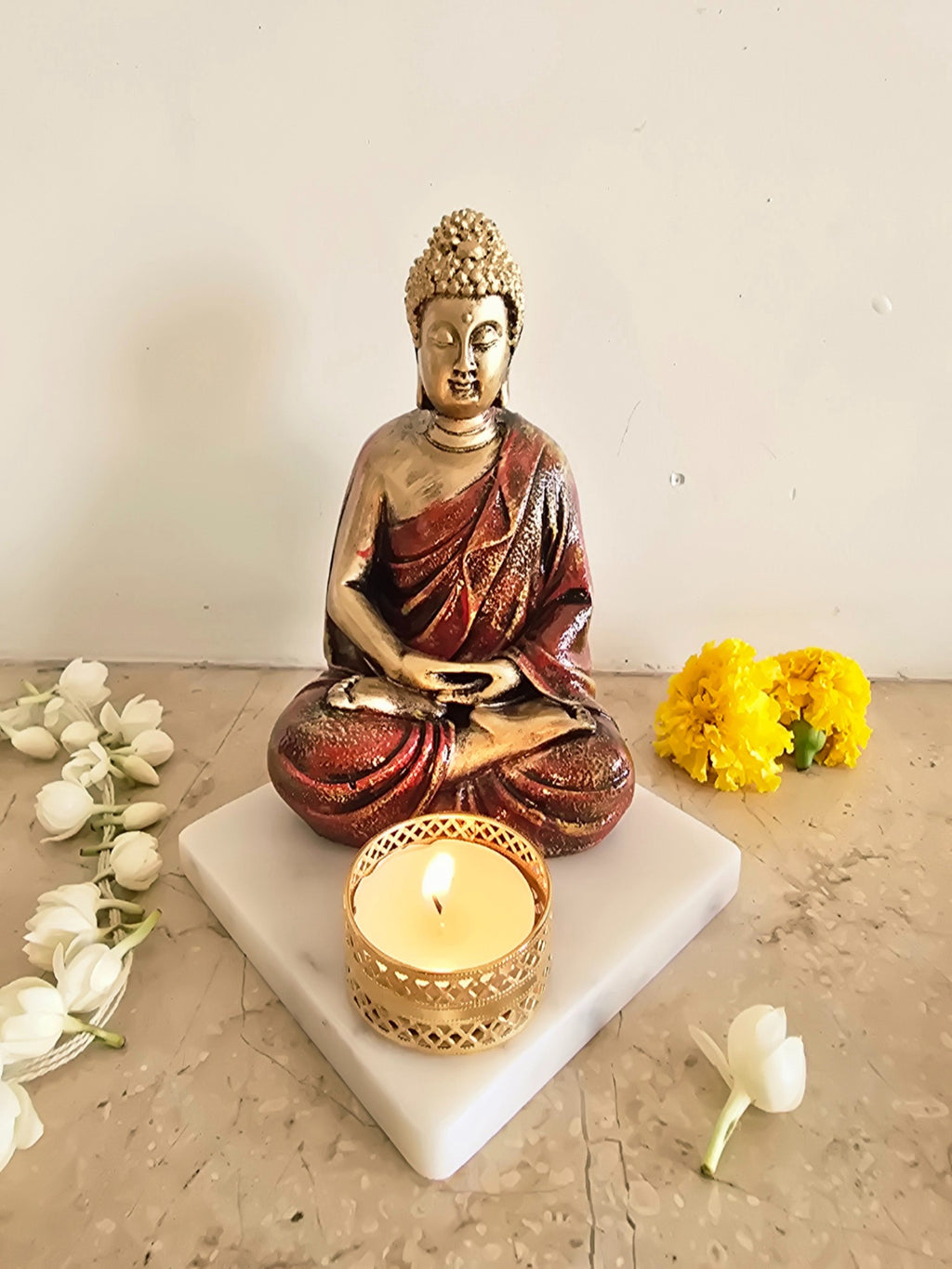 Brown Meditating Buddha Idol with Tealight Candle Holder