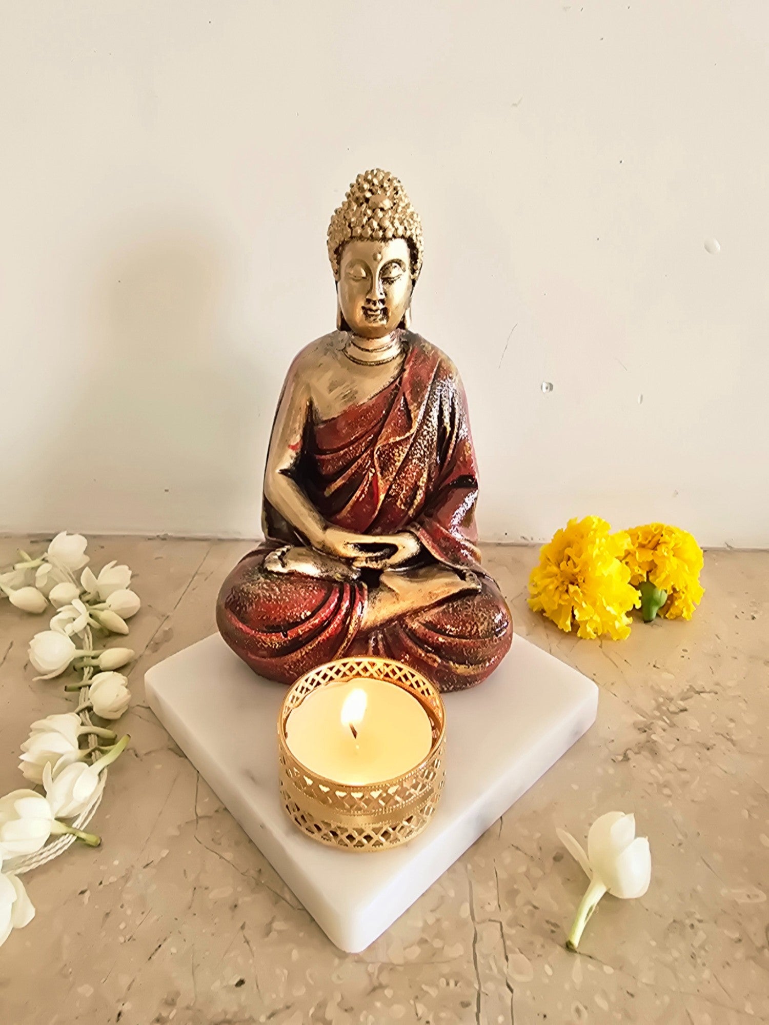 Brown Meditating Buddha Idol with Tealight Candle Holder
