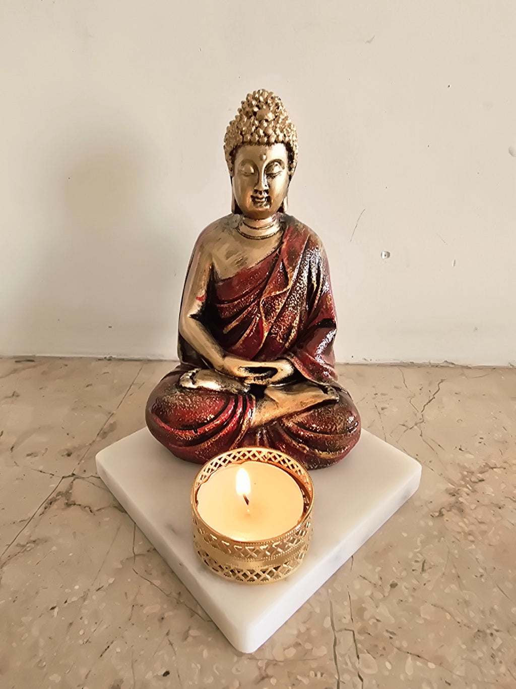 Brown Meditating Buddha Idol with Tealight Candle Holder