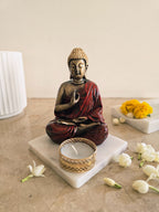 Red Meditating Buddha Idol with Tealight Candle Holder