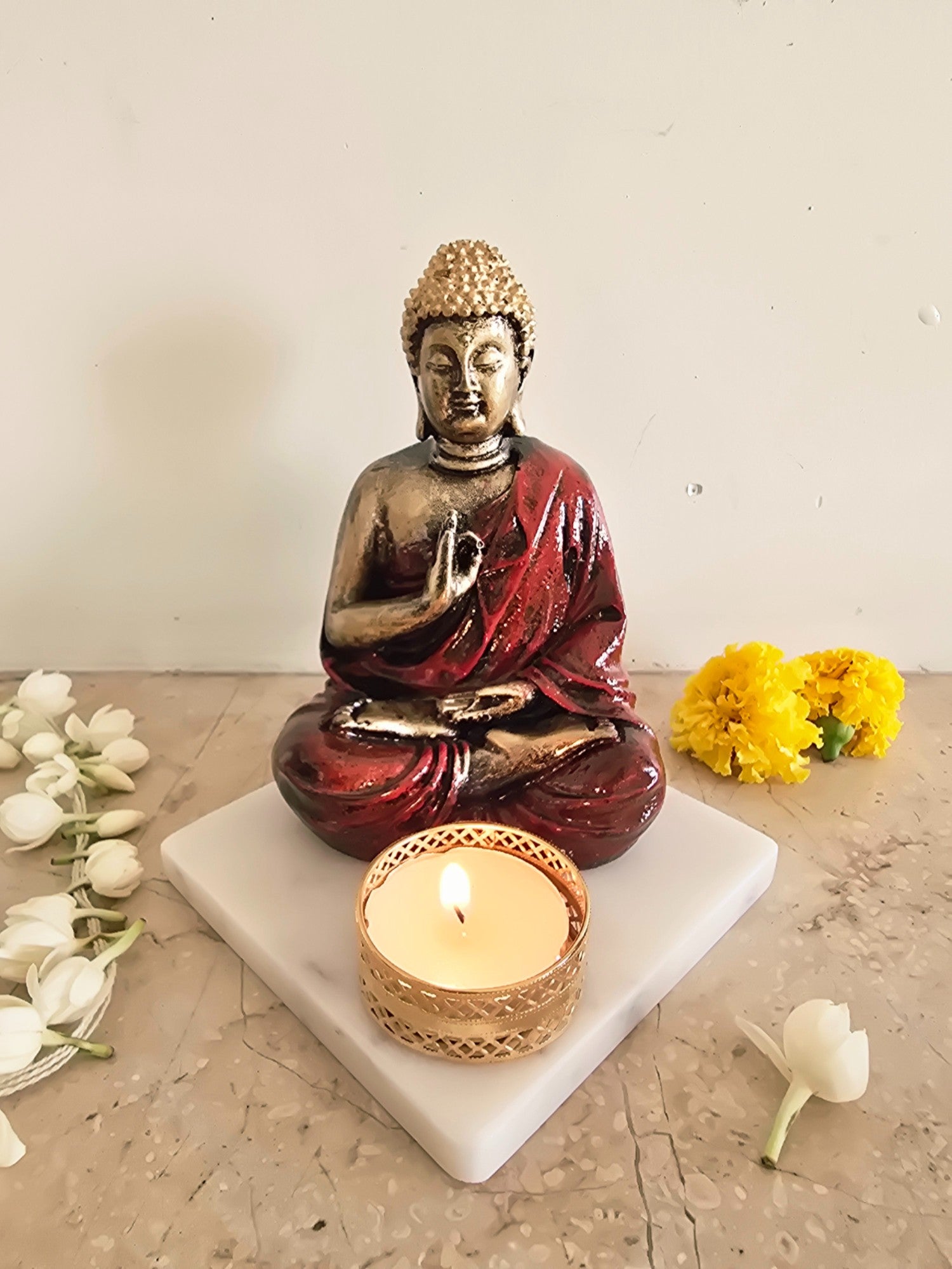 Red Meditating Buddha Idol with Tealight Candle Holder