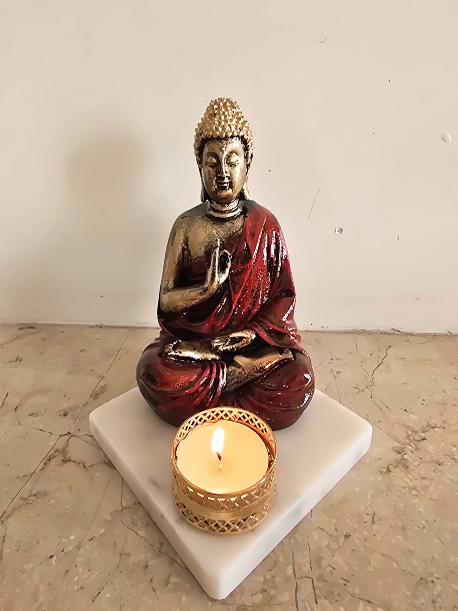 Red Meditating Buddha Idol with Tealight Candle Holder