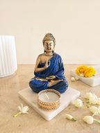Dark Blue Meditating Buddha Idol with Tealight Candle Holder