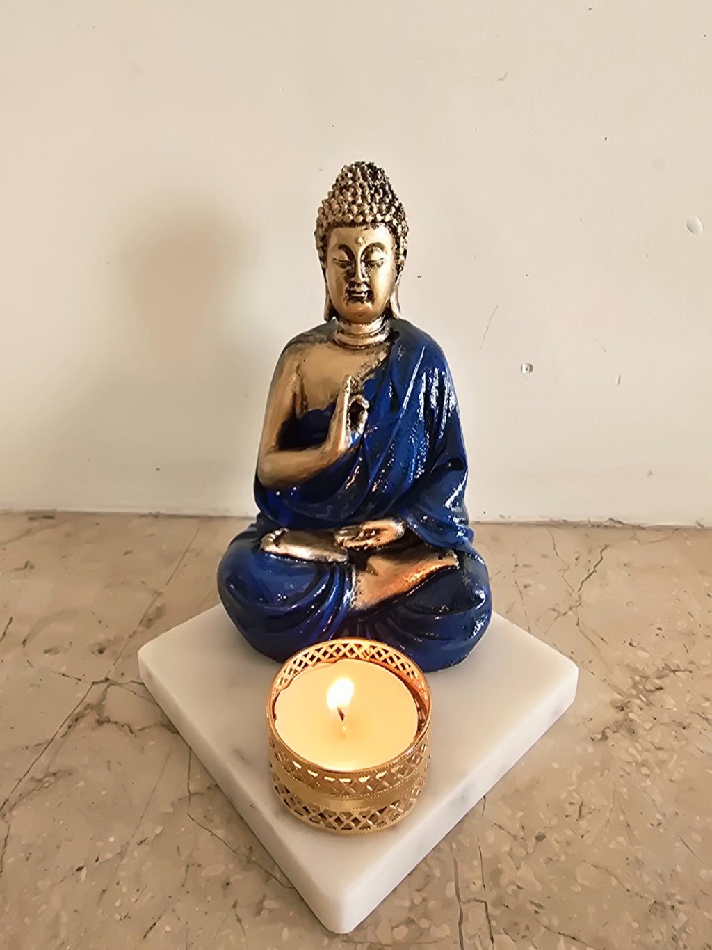 Dark Blue Meditating Buddha Idol with Tealight Candle Holder