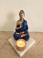 Dark Blue Meditating Buddha Idol with Tealight Candle Holder