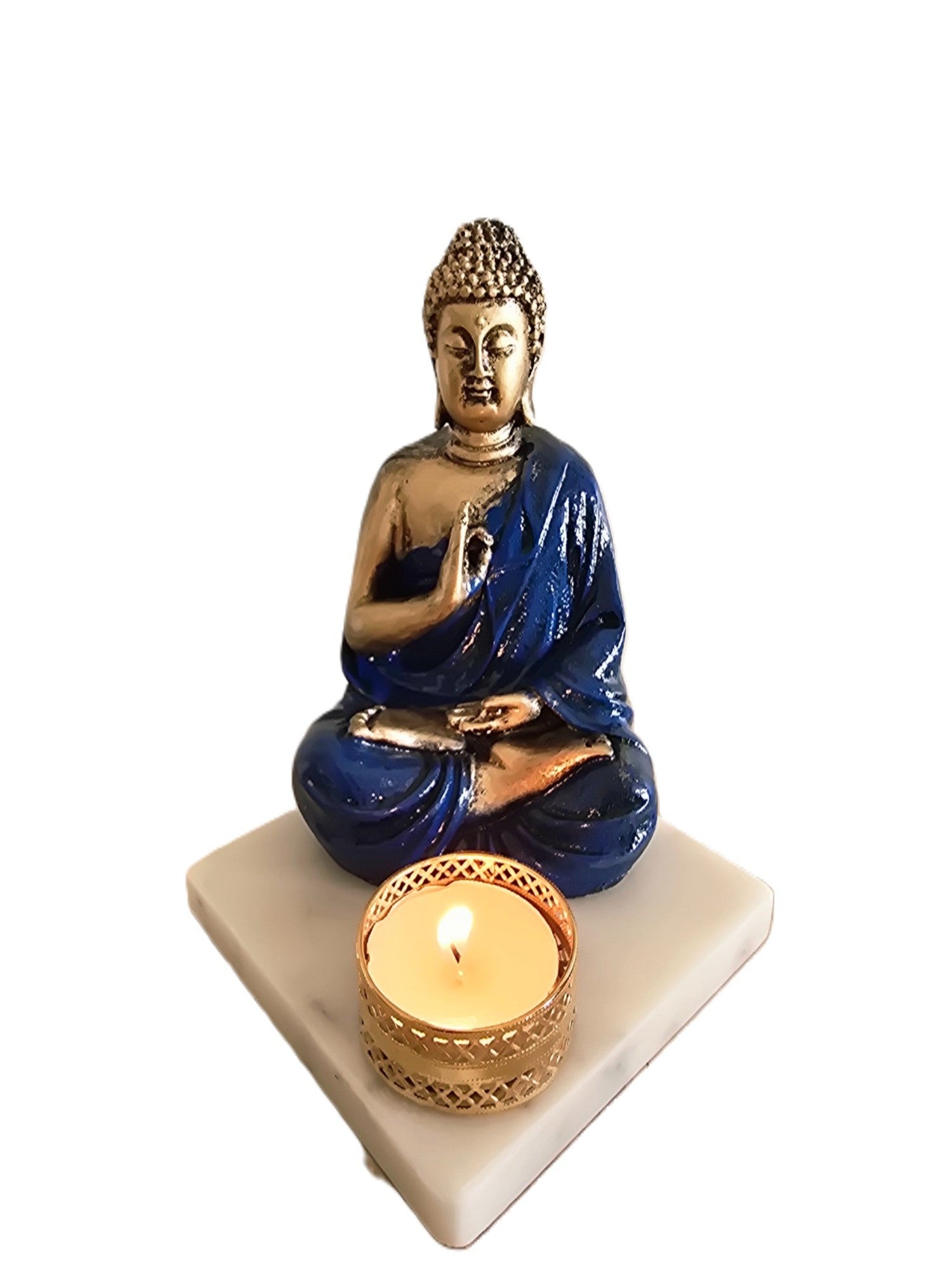 Dark Blue Meditating Buddha Idol with Tealight Candle Holder