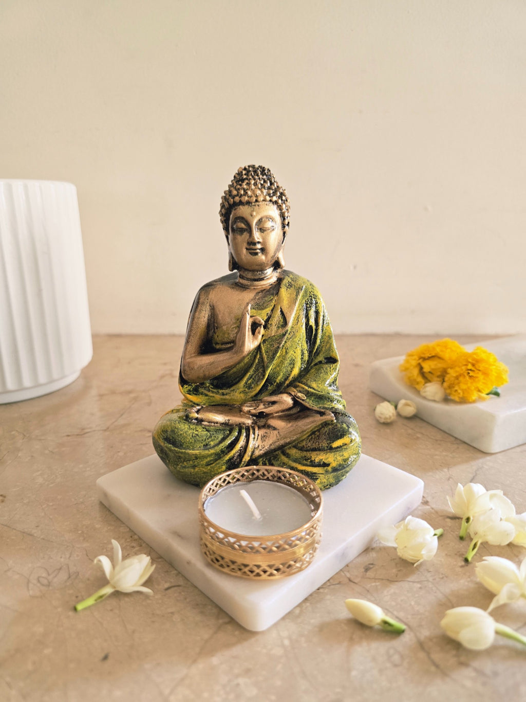 Light Green Meditating Buddha Idol with Tealight Candle Holder