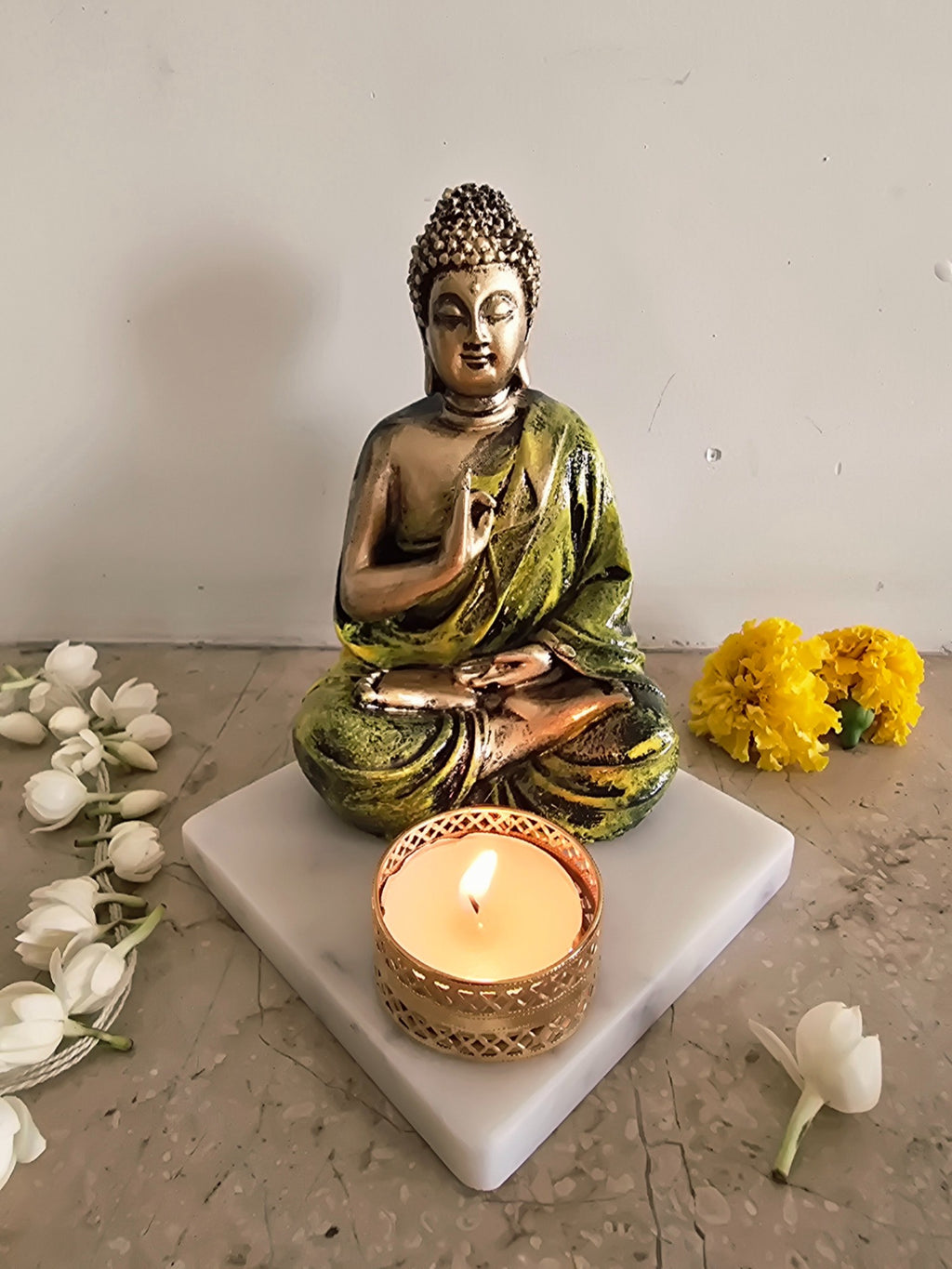 Light Green Meditating Buddha Idol with Tealight Candle Holder
