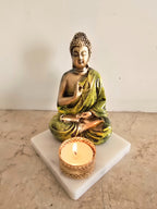 Light Green Meditating Buddha Idol with Tealight Candle Holder