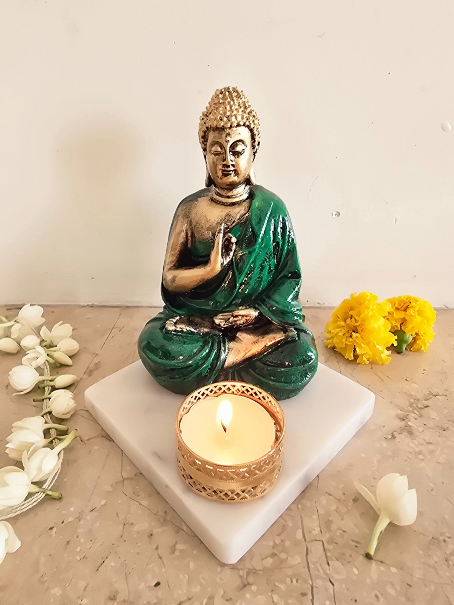 Dark Green Meditating Buddha Idol with Tealight Candle Holder