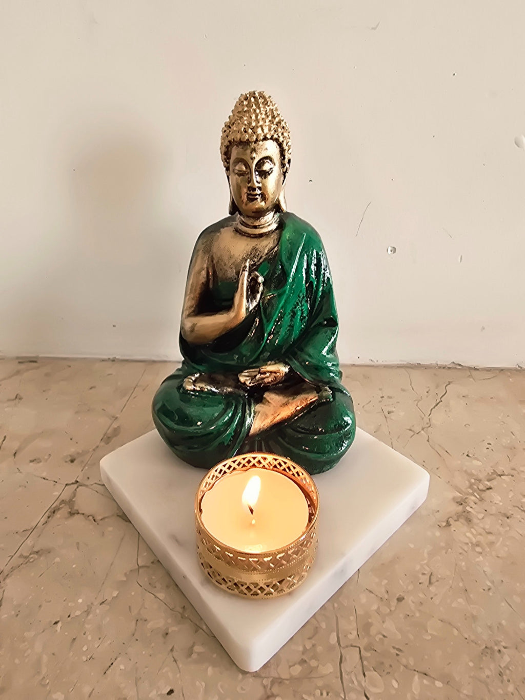 Dark Green Meditating Buddha Idol with Tealight Candle Holder