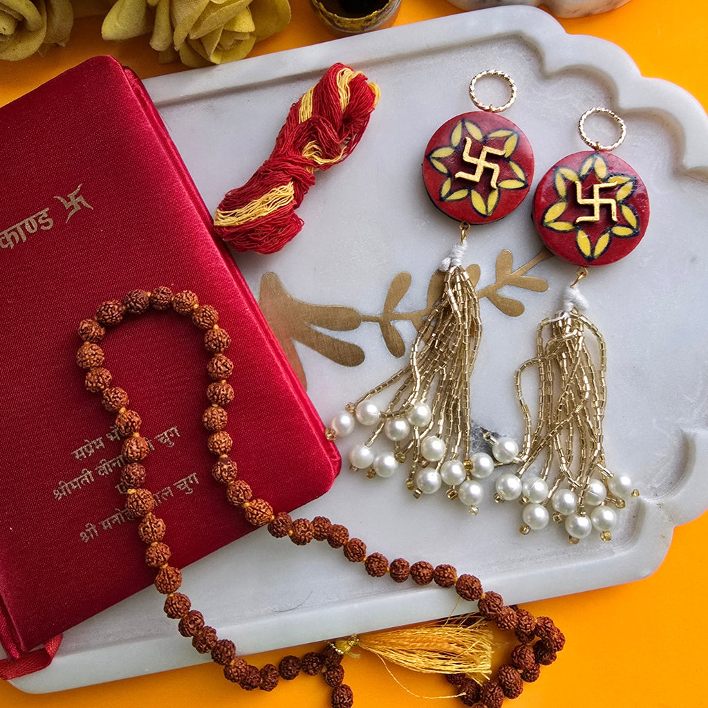 Blue Pottery Red Floral Print Swastik Door Hangings