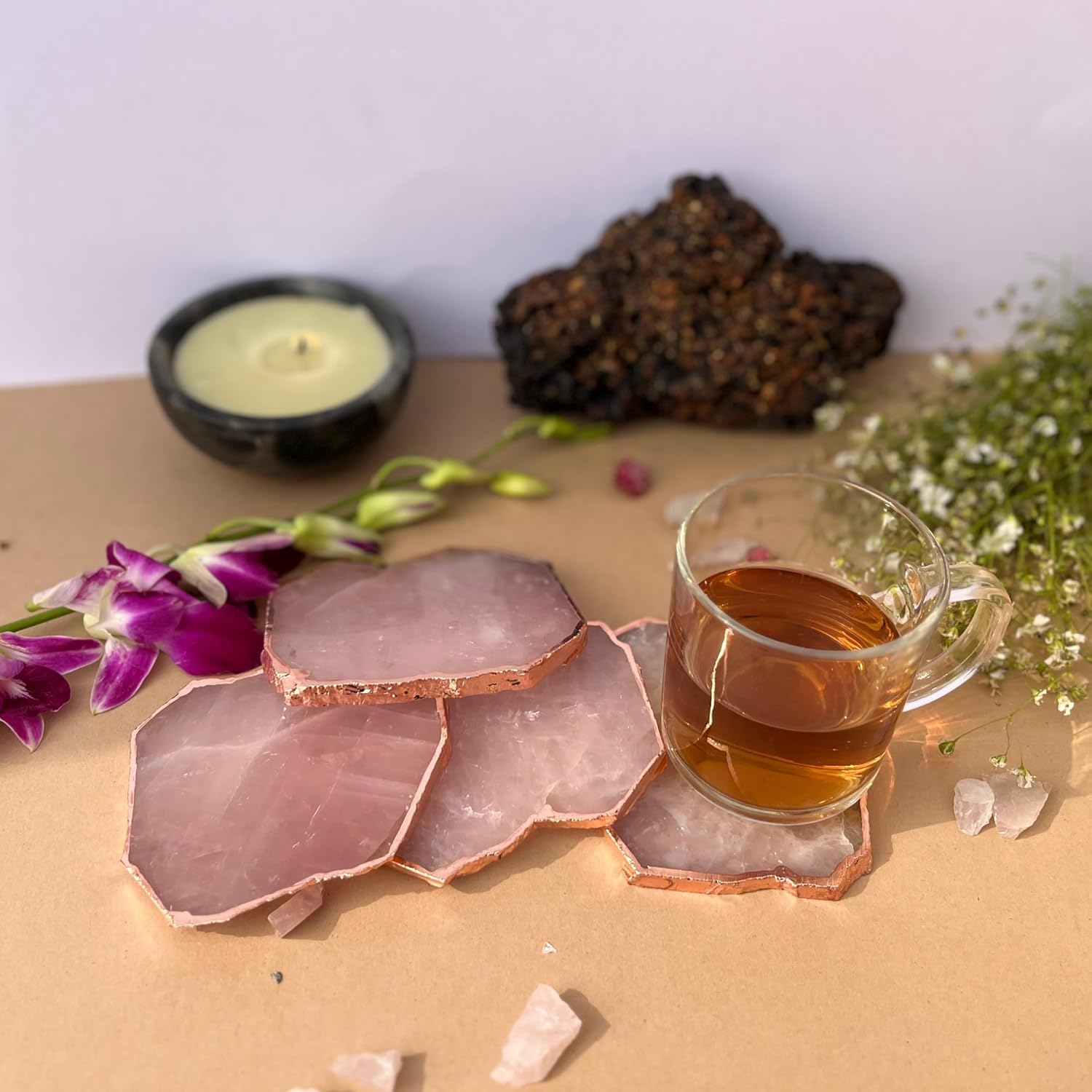 Rose Quartz Coaster Rose Gold Plated Set of 4