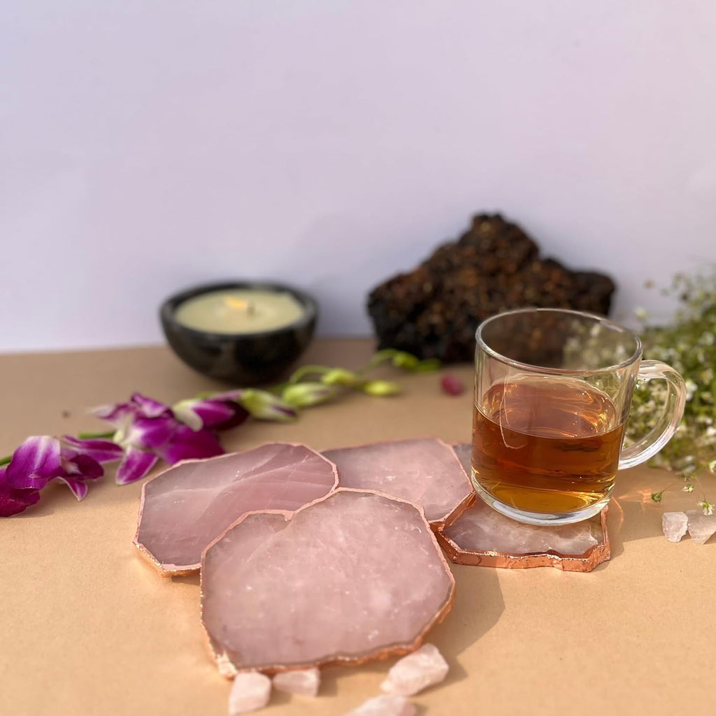 Rose Quartz Coaster Rose Gold Plated Set of 4