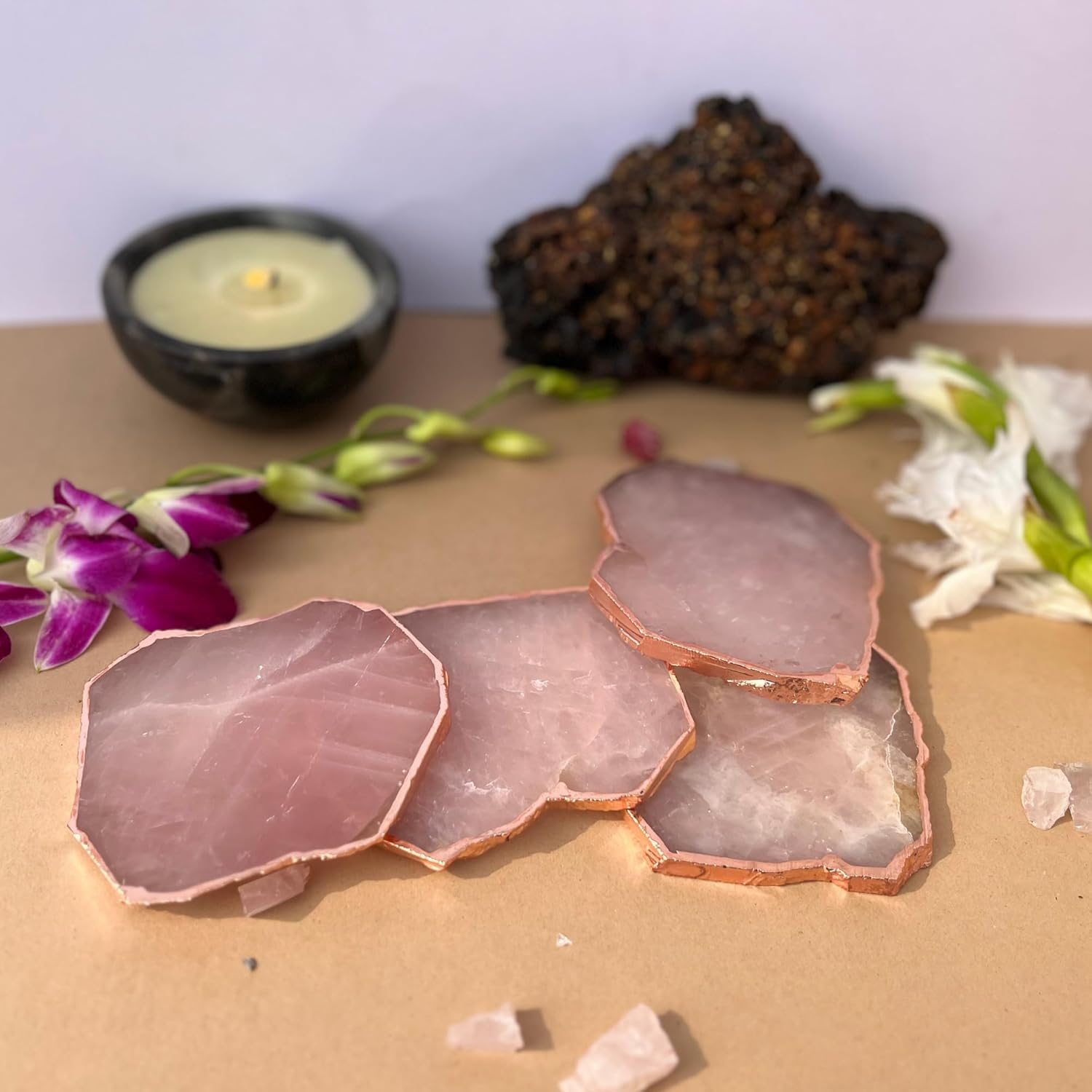 Rose Quartz Coaster Rose Gold Plated Set of 4