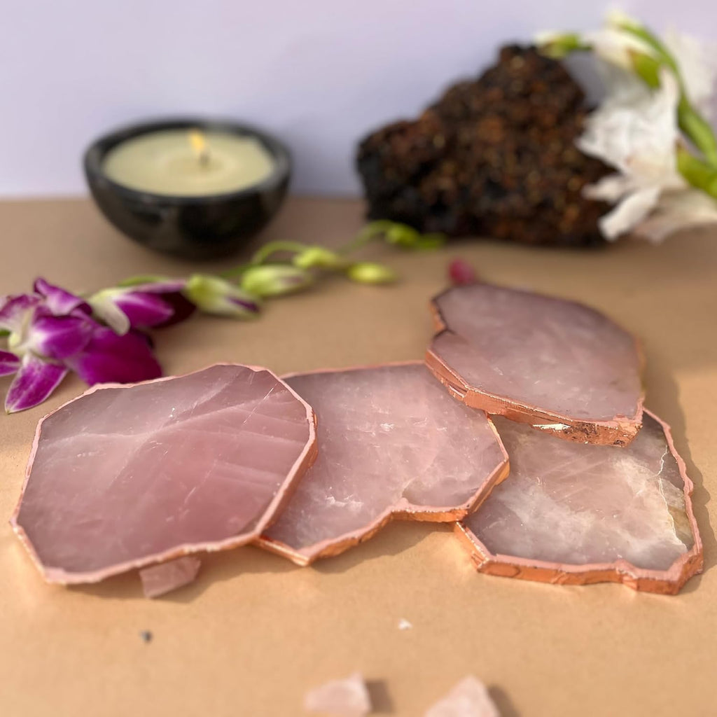 Rose Quartz Coaster Rose Gold Plated Set of 4