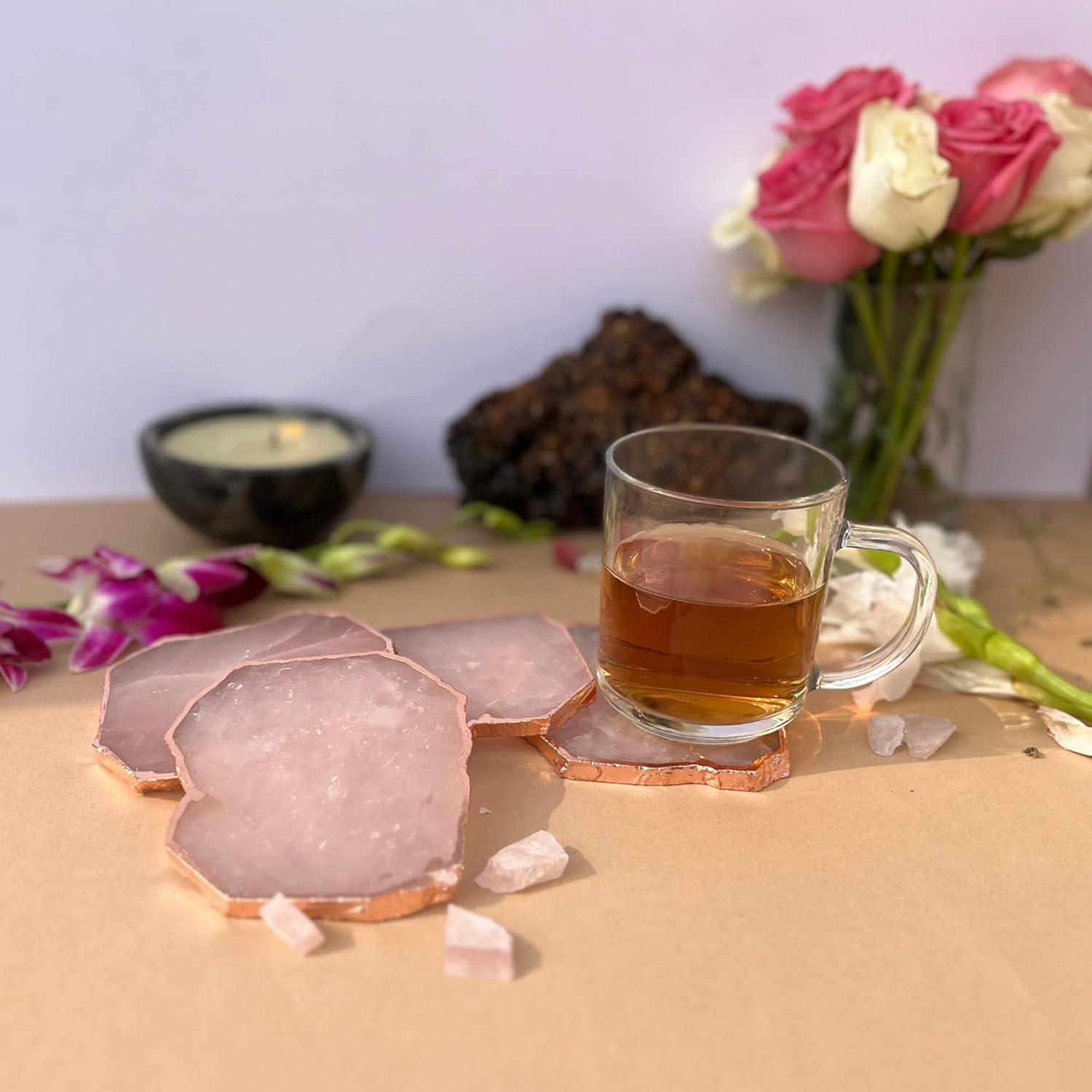 Rose Quartz Coaster Rose Gold Plated Set of 4