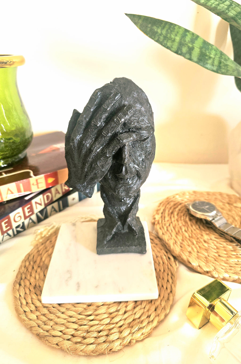 Black Thinking Face in Hand Resin Decor Statue