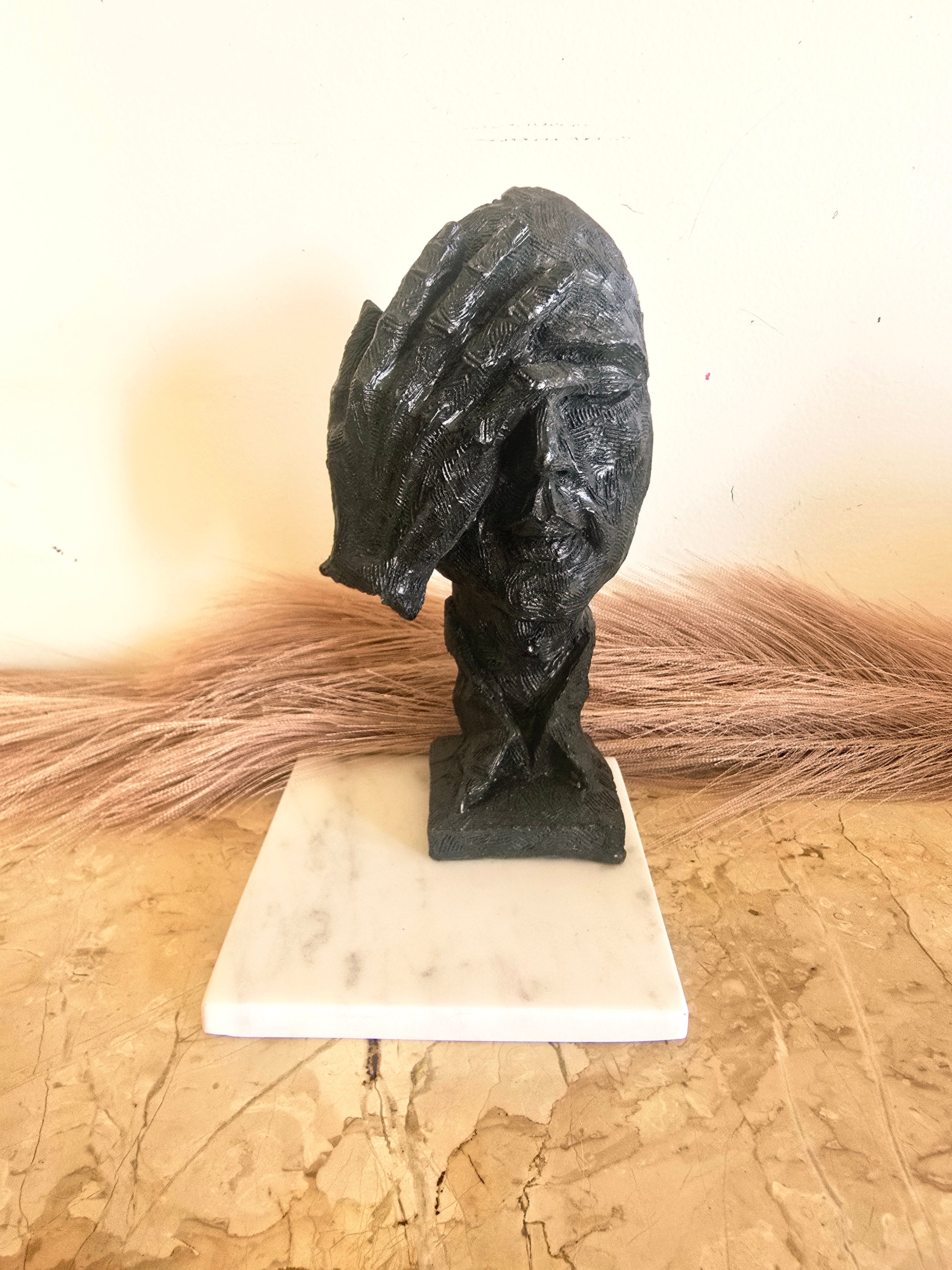 Black Thinking Face in Hand Resin Decor Statue