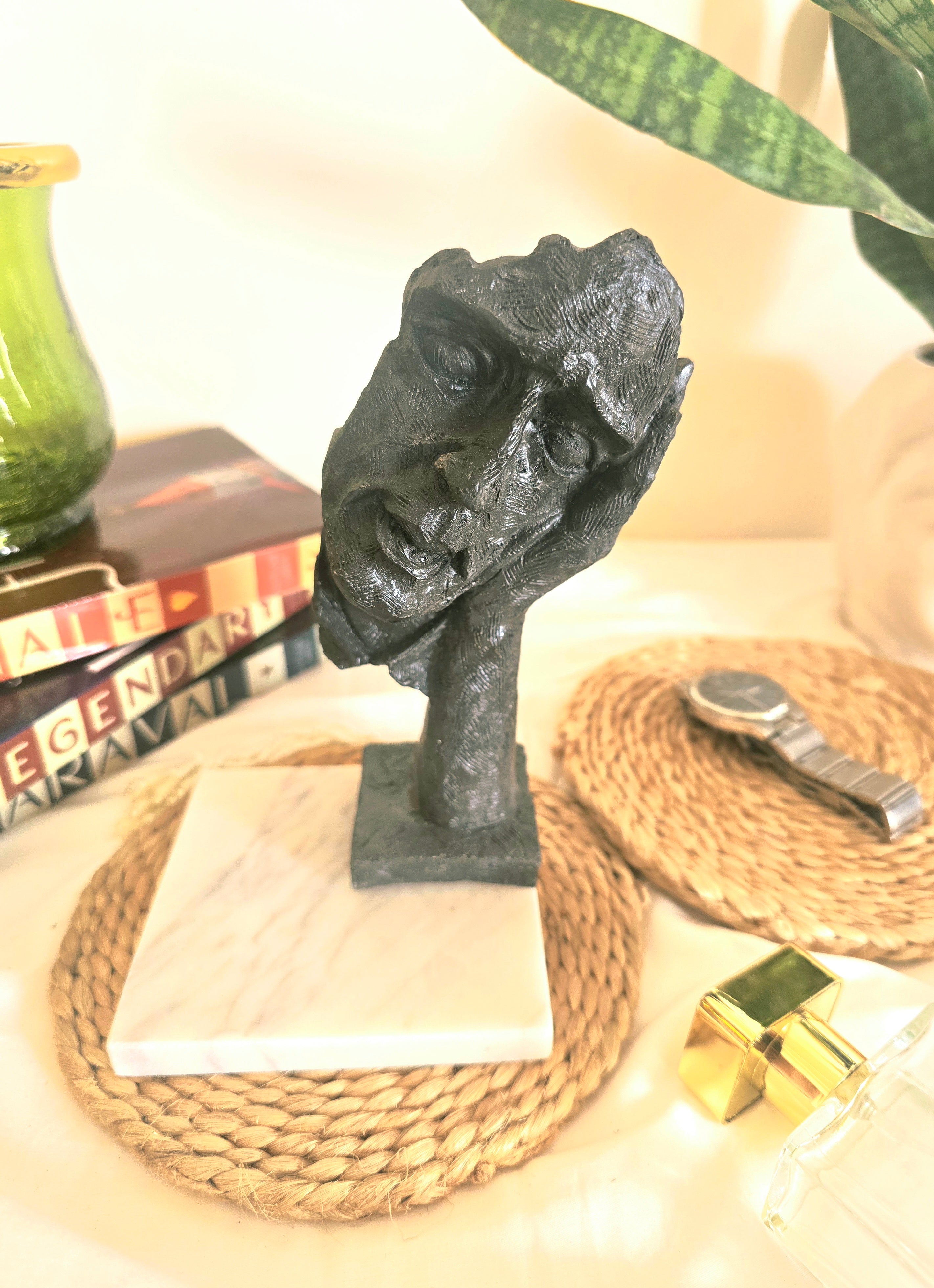 Black Thinking Man Face on Hand Resin Decor Statue