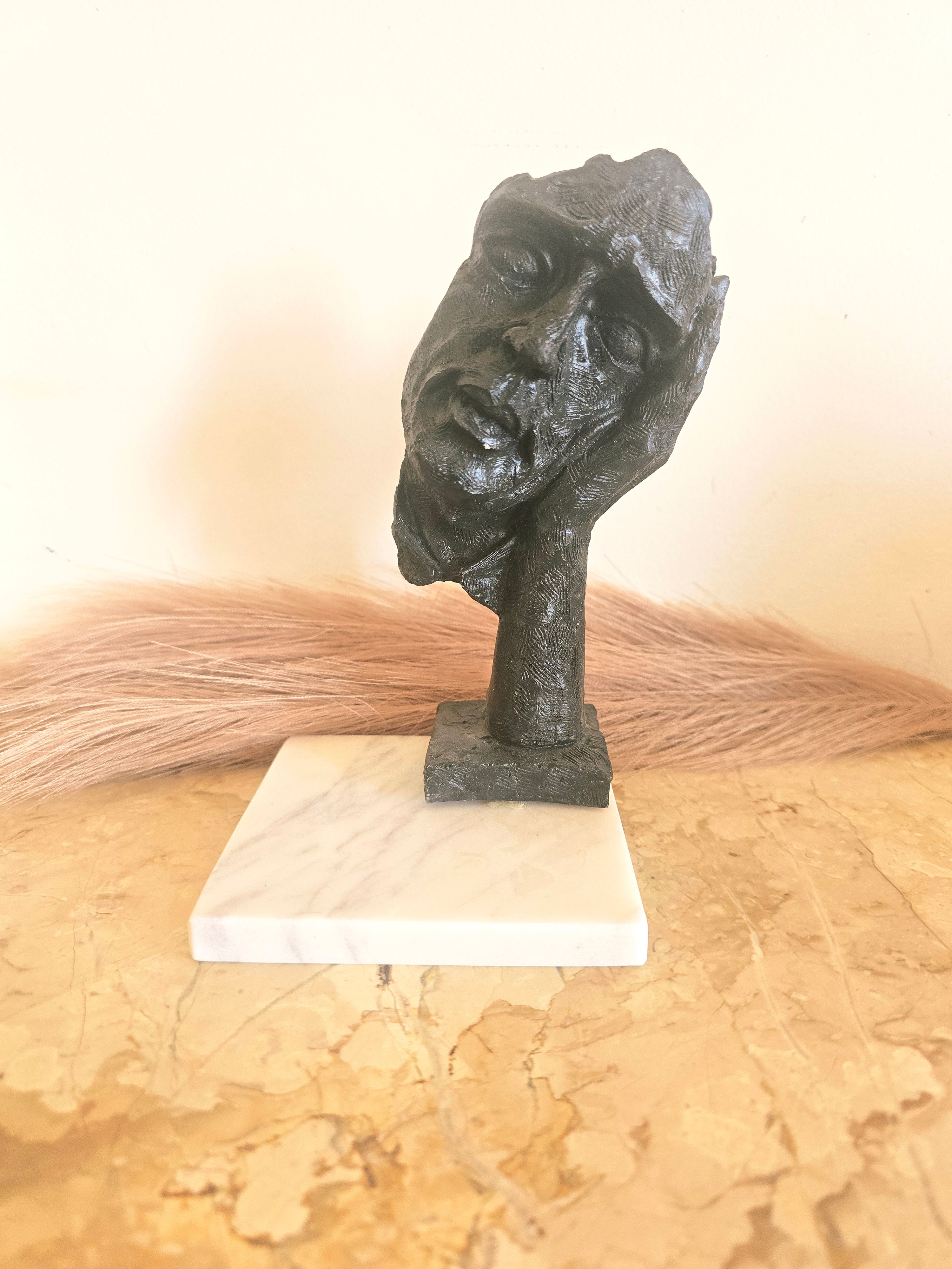 Black Thinking Man Face on Hand Resin Decor Statue