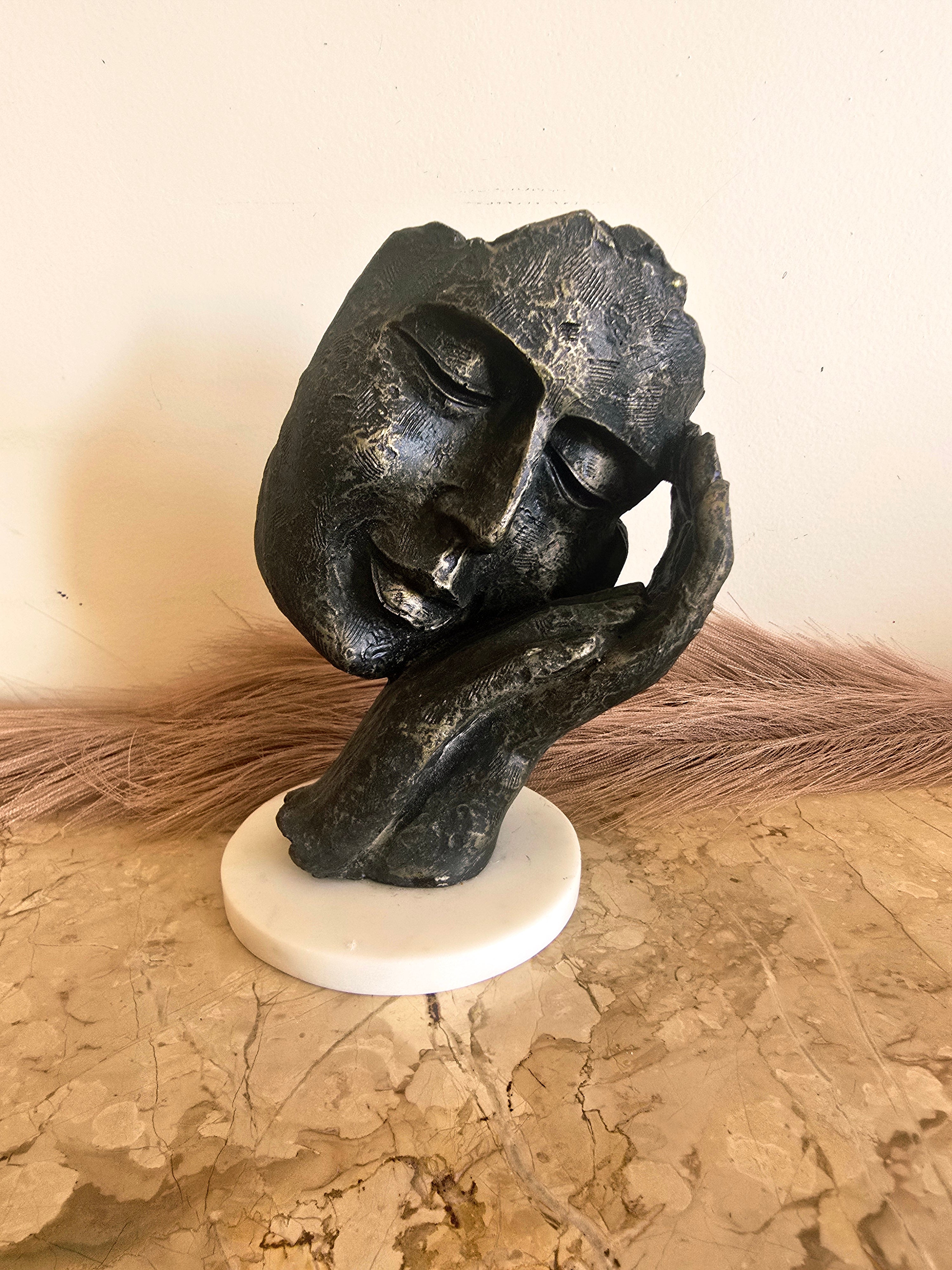 Black Golden Abstract Sleeping Face on Hand Sculpture