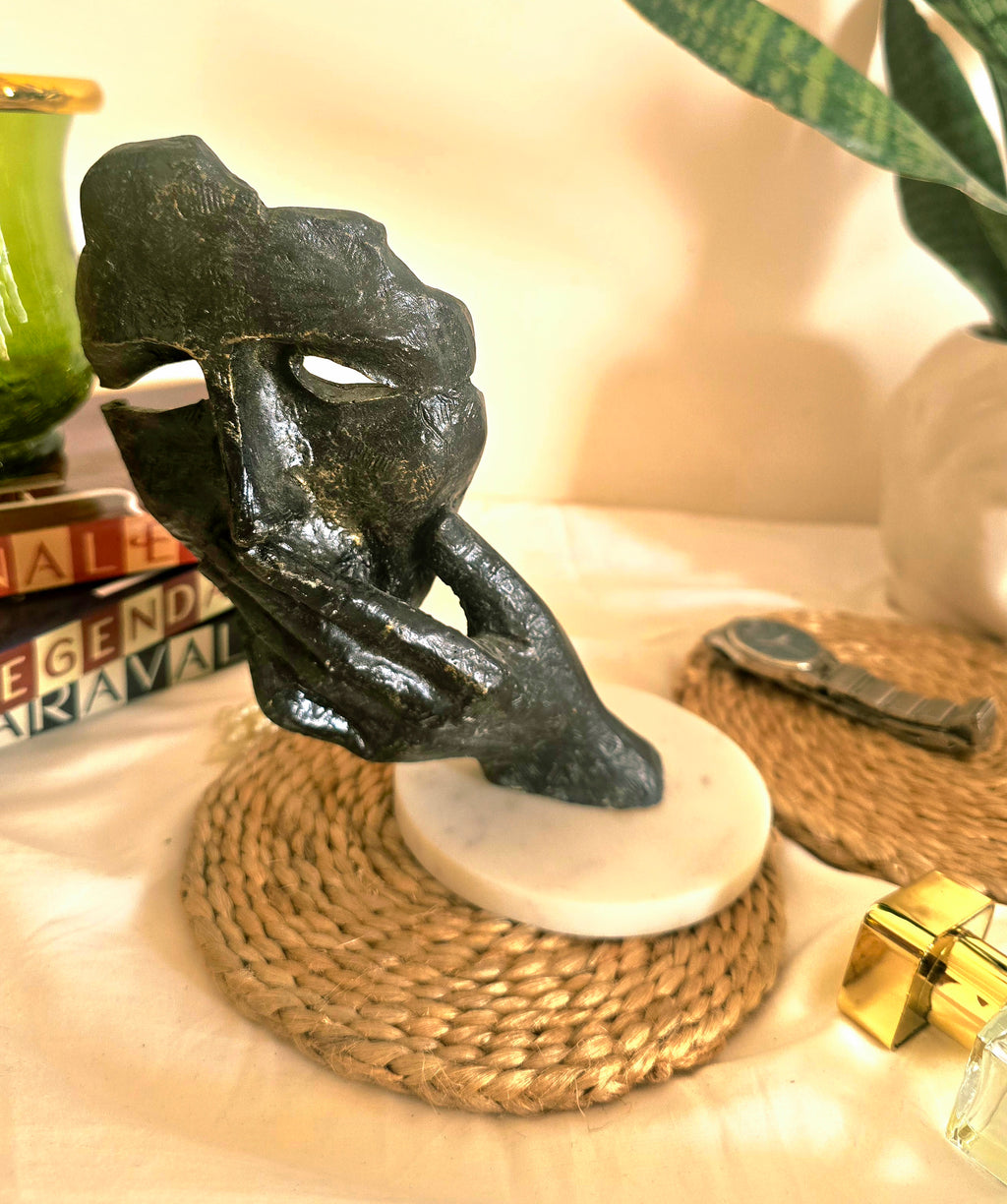 Black Golden Pondering Face with Hand Statue
