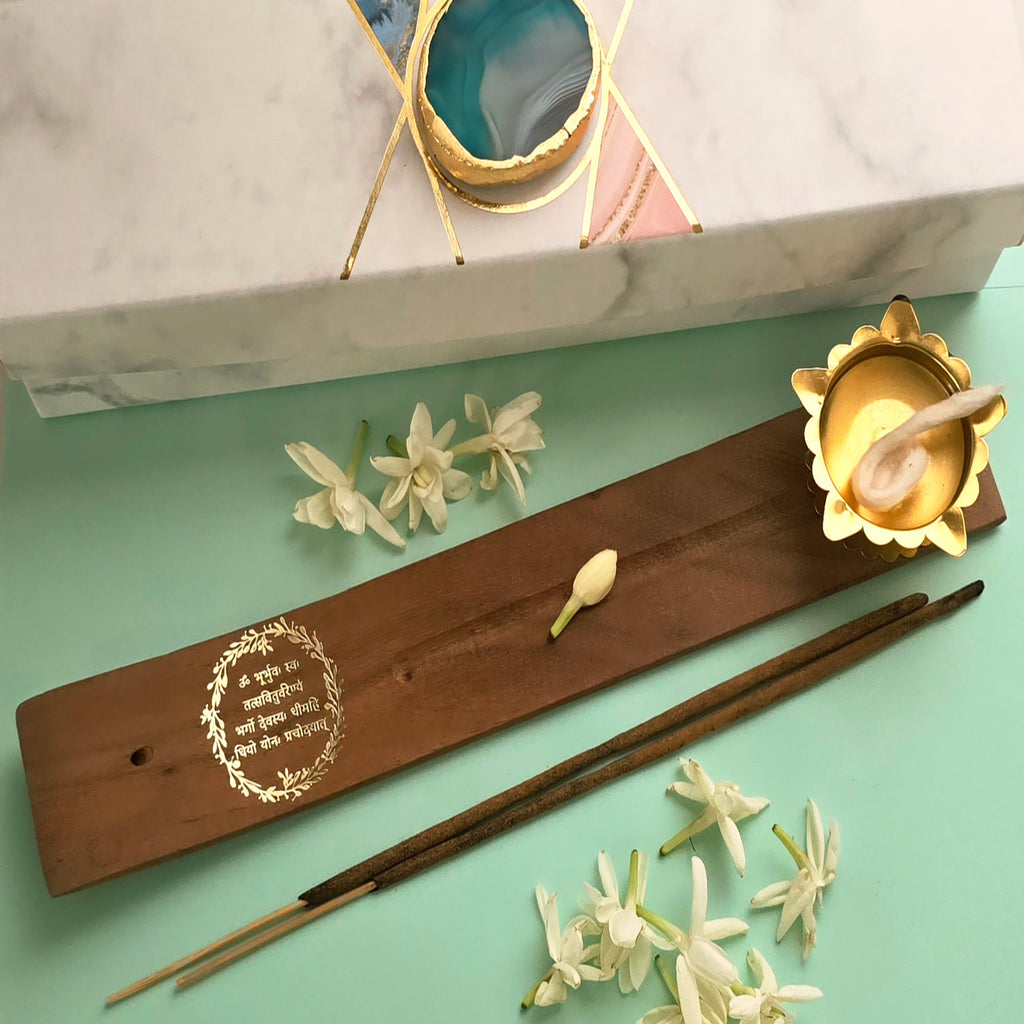 Wooden Gaytri Mantra Incense Holder And Diya