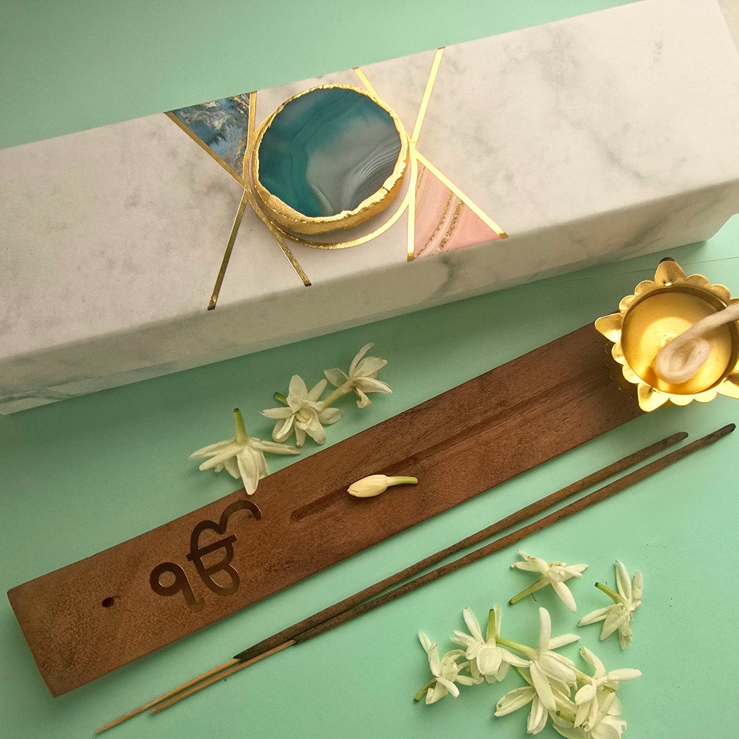 Wooden Ik Onkar Incense Holder And Diya